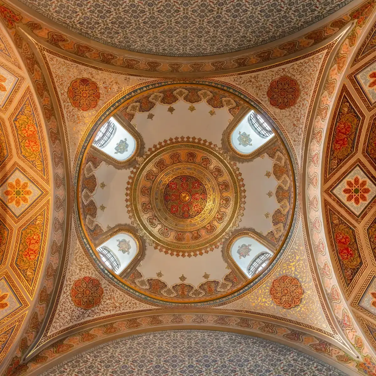 A painted dome inside Topkapi Palace in Istanbul, in a guide to Turkey trip cost